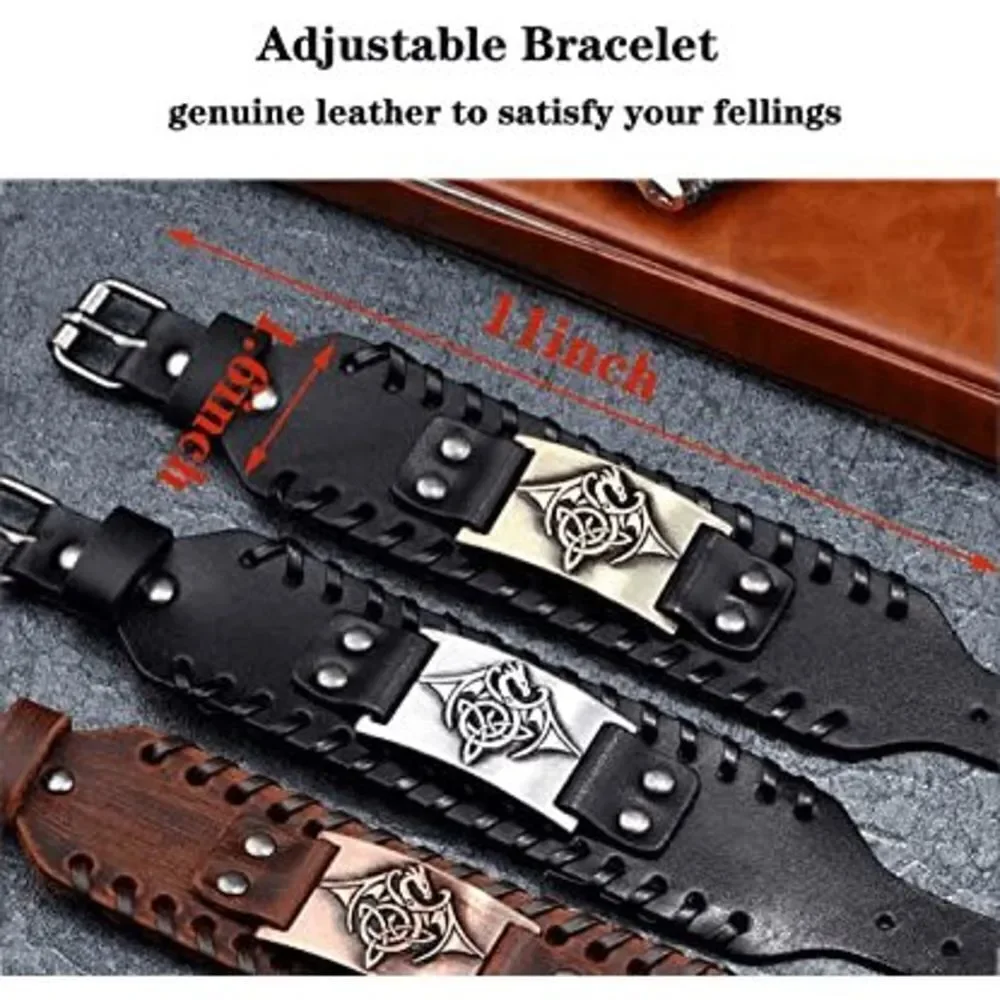 Viking Punk Gothic Black Leather Cuff Bracelet Wristband with Nordic Amulet